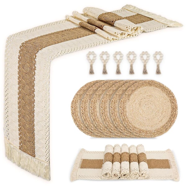 19.6 in x 11.8 in Natural Cotton and Burlap Placemats Set of 6 with Charger Plates, Table Runner and Napkin Rings