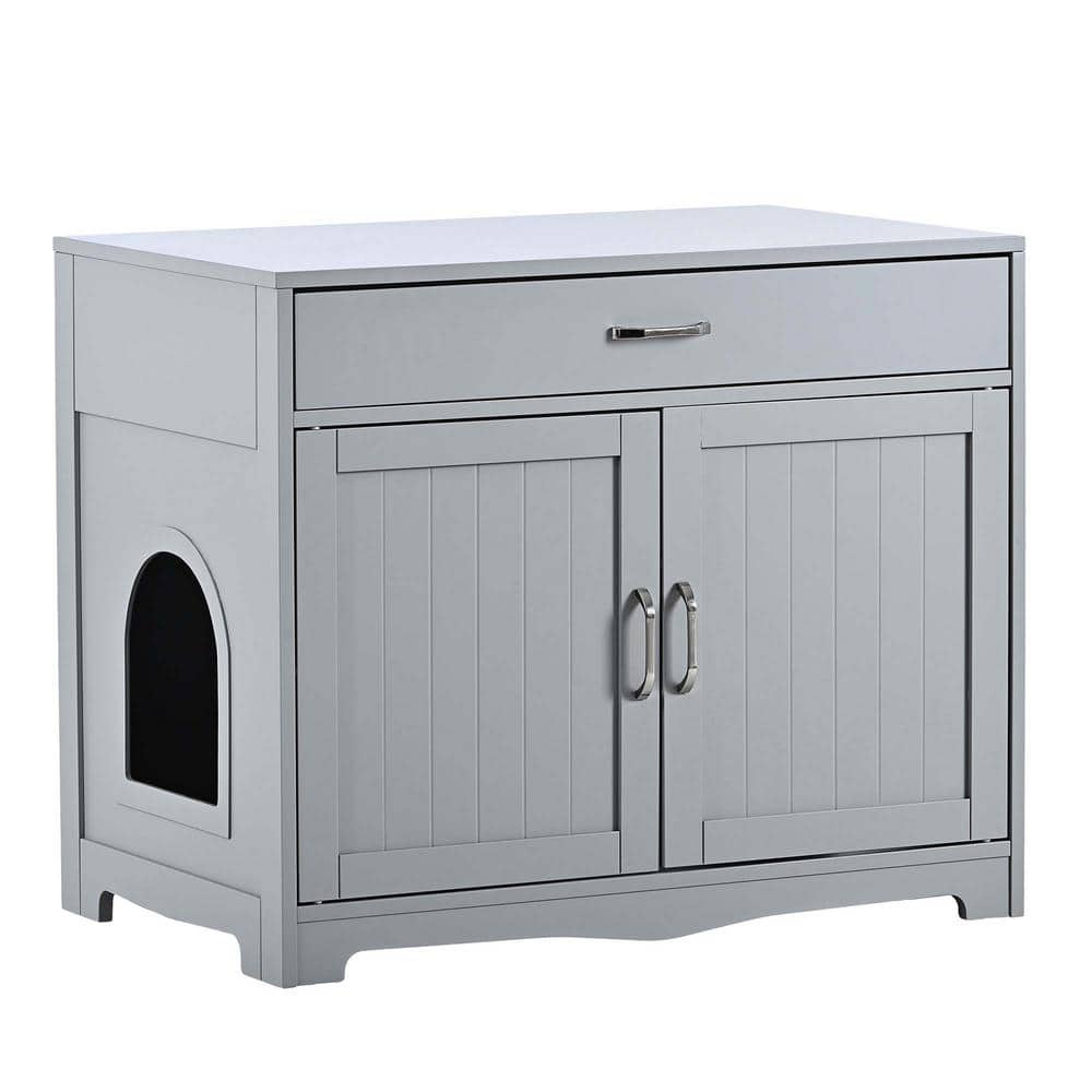 31.5 in. W x 20 in. D x 26 in. H Gray Linen Cabinet Cat Litter Box with Dra