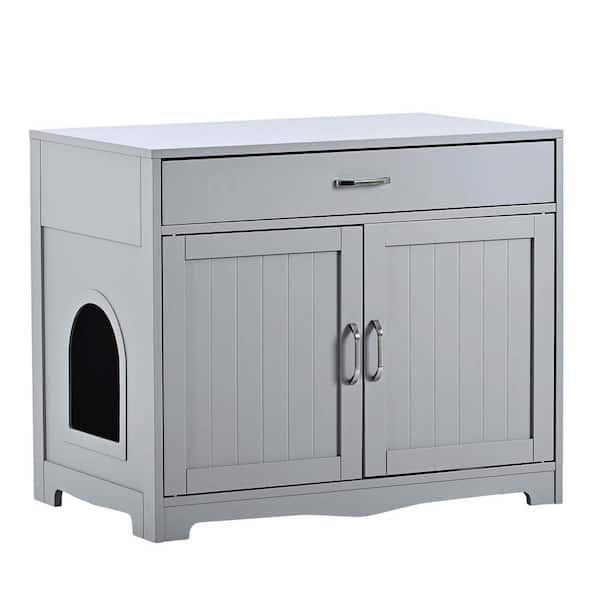 Unbranded 31.5 in. W x 20 in. D x 26 in. H Gray Linen Cabinet Cat Litter Box with Drawer and Cat Washroom Storage for Bathroom