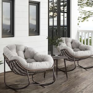 Patio Brown Wicker Outdoor Rocking Chair with 1-Beige Cushion