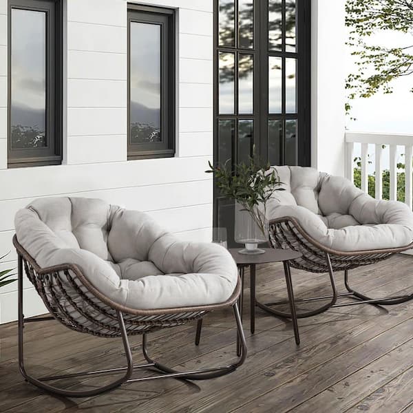 Tunearary Patio Brown Wicker Outdoor Rocking Chair with 1-Beige Cushion