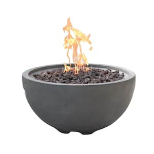 Nantucket 27 in. x 14 in. Round Grey Concrete Propane Fire Pit Table with Electronic Ignition Cover and Lava Rock