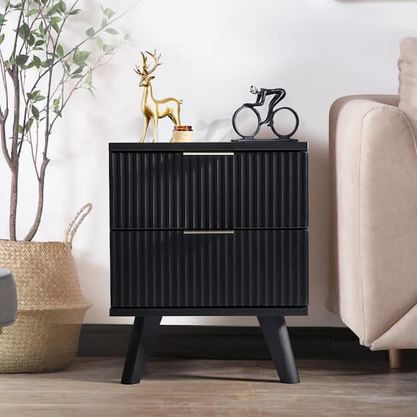 NODIA Color Base BLACK BK 2個セット ATHMILE Black Wooden 2-Drawer Waveform Nightstand /Bedside Table