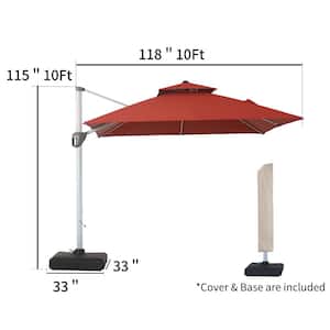 10 ft. Square Aluminum Cantilever Patio Umbrella 360 Rotation, Dual Top with Waterproof Cover and HDPE Base in Burgundy
