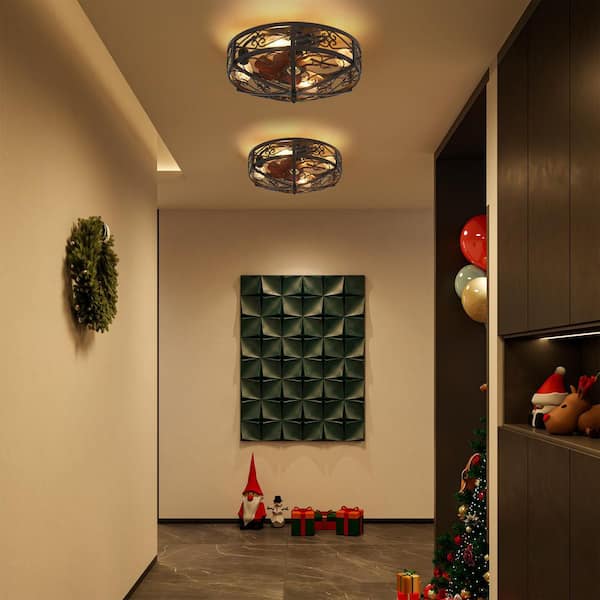 20 in. Indoor Black Modern Industrial Standard Metal Caged Flush Mount Ceiling Fan with Light with Remote for Kitchen