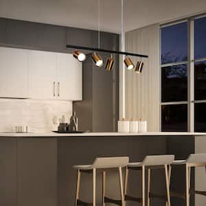 28.5 in. Adjustable Modern Black Pendant Light, 5-Light Brass Gold Linear Chandelier for Kitchen Island with Metal Shade
