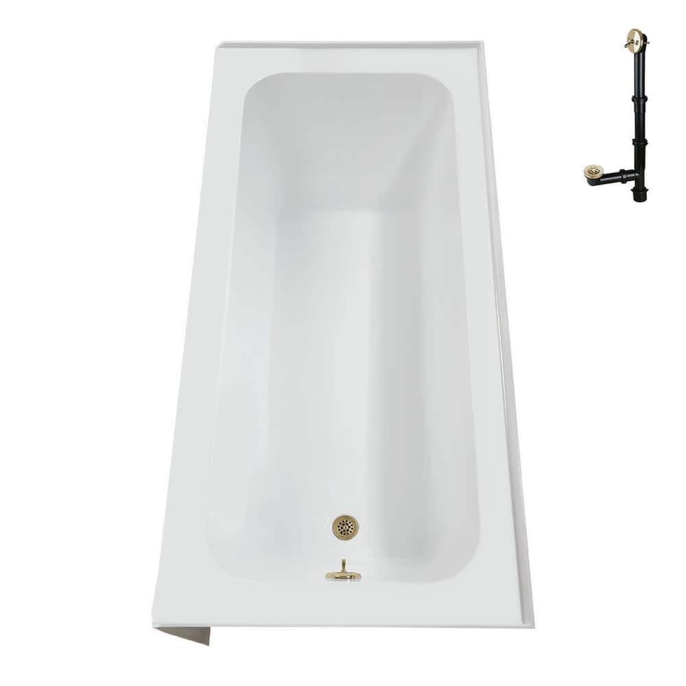 Glossy White Acrylic Rectangular Alcove Bathtub with Polished Brass Drain