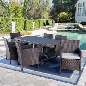 Arlo 28 in. Multi-Brown 7-Piece Aluminum Rectangular Outdoor Dining Set with Brown Cushions