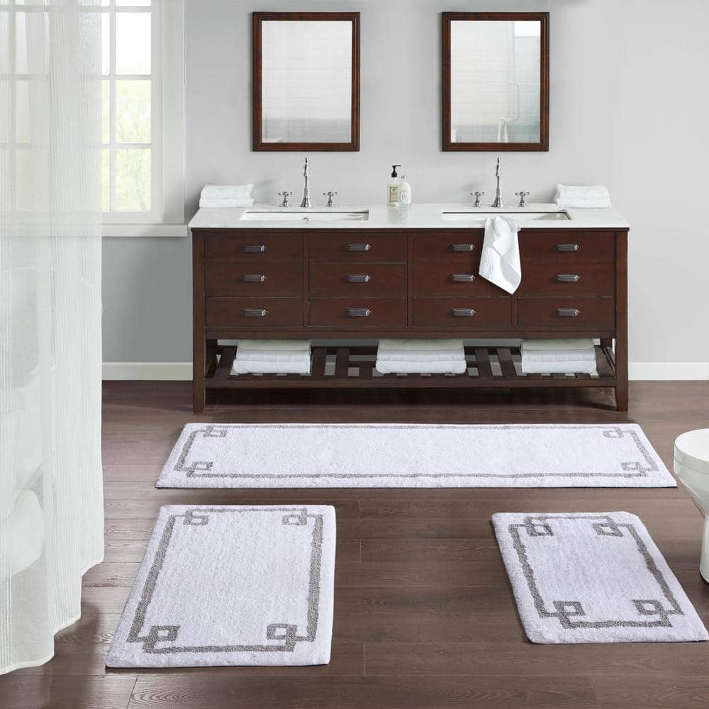 White and Gray Cotton Tufted Bath Rug with Geometric Border