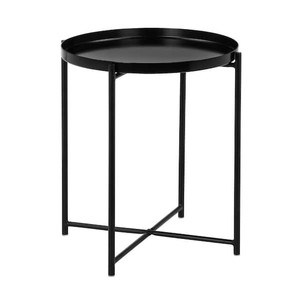 Benjara 17.5 in. Black Round Metal End Table with Tray Top and Open Metal Frame