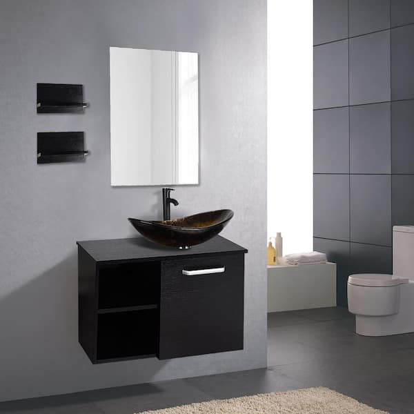28 in. W x 19 in. D x 16 in. H Single Sink Bath Vanity in Black with Black Solid Surface Top and Mirror