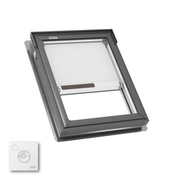 VELUX 21 in. x 26-7/8 in. Fixed Deck Mount Skylight with Laminated Low-E3 Glass, White Solar Powered Room Darkening Shade