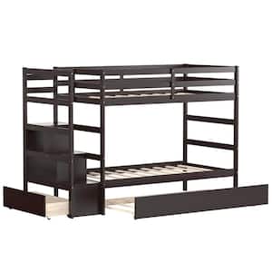 Espresso Twin Bunk Bed with Trundle Stairway and Storage Shelf Drawer