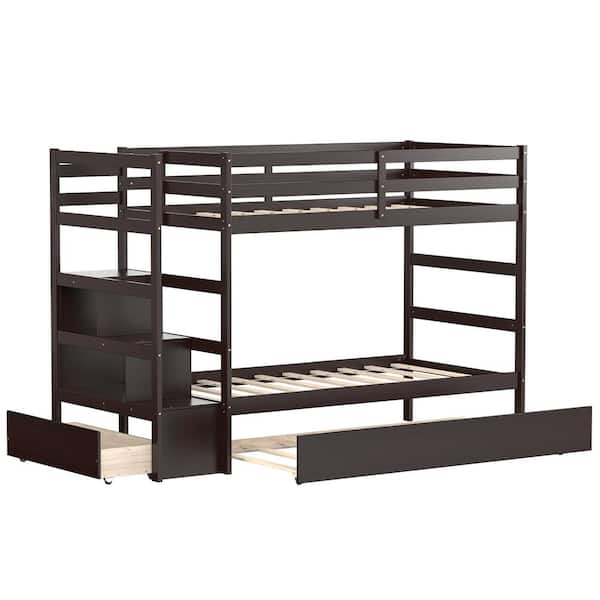 Costway Espresso Twin Bunk Bed with Trundle Stairway and Storage Shelf ...