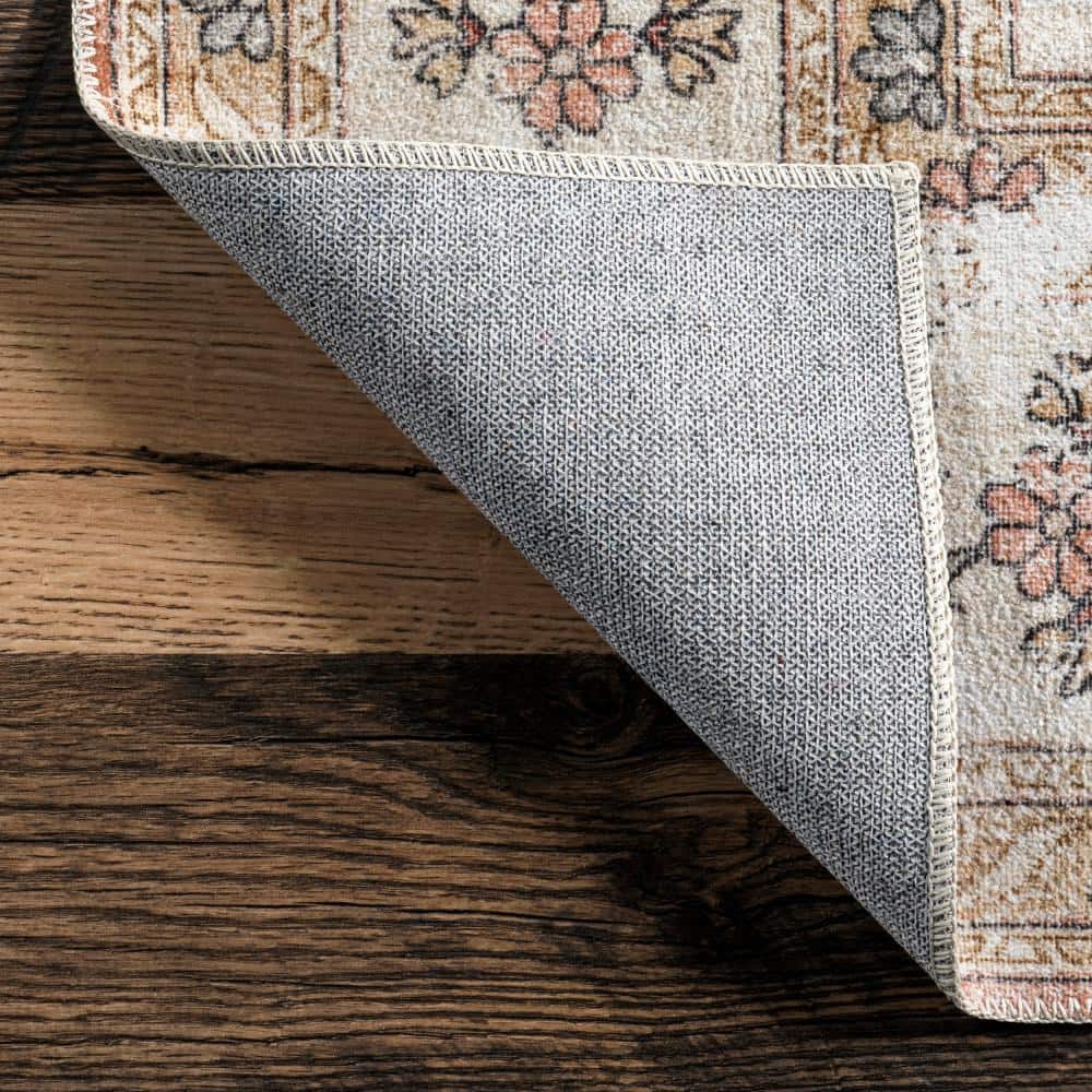 Peach and Cream 8' x 10' Vintage Floral Washable Rug