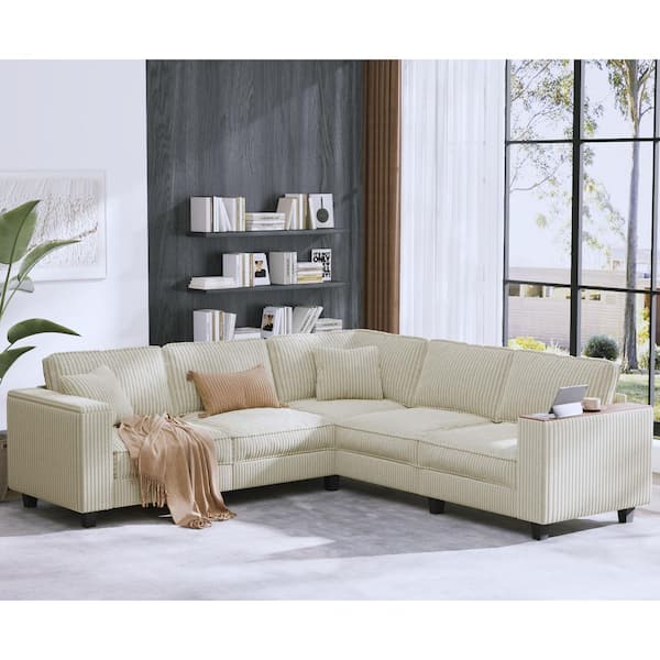 Cascade 97 in. Armrest 5-piece L-shaped Corduroy Modern Sectional Sofa in. Beige with Channel Tufting