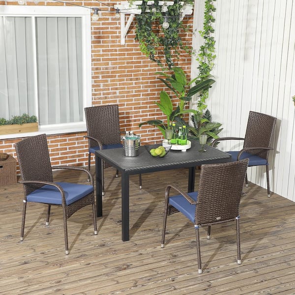 Unbranded Set of 4 Stackable PE Wicker Outdoor Dining Chairs with Cream Blue Cushions