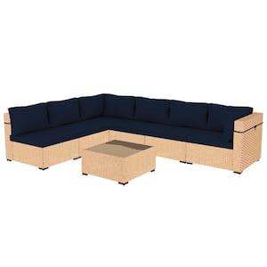 7-Piece Beige Wicker Patio Conversation Set with Navy Blue Cushions and Coffee Table