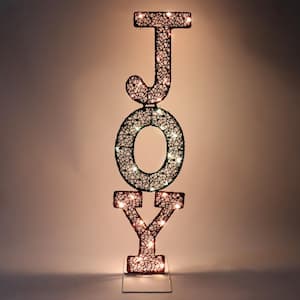 48 in. Tall Multi-Colored Tinsel Stacked JOY Letters Warm White LED Lights, Indoor Outdoor Christmas Decoration