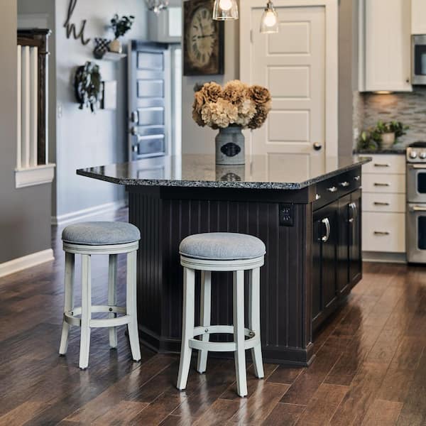 Victoria 26 in. Distressed Ivory Backless Wood Swivel Counter Stool with Upholstered Gray Seat, 1-Stool