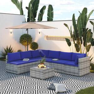 7-Pieces Blue Wicker Rattan Outdoor Furniture Sectional Sofa And Table Set with Blue Cushions
