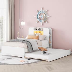White Wood Frame Twin Size Platform Bed with Storage Headboard, Multiple Shelves, Twin Size Trundle, Light Strip