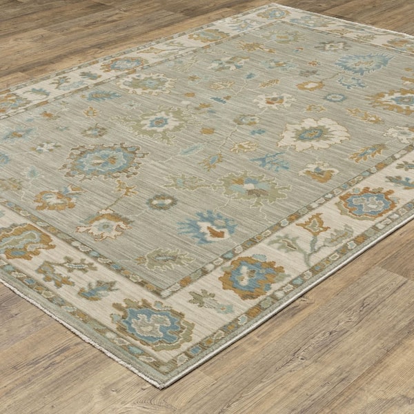 Maco Gray/Blue 10 ft. x 13 ft. Distressed Oriental Floral Polypropylene Fringe-Edge Indoor Area Rug