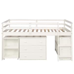 White Twin Size Loft Bed with Desk, Low Study Wood Kids Loft Bed Frame with Storage Cabinet and Rolling Portable Desk