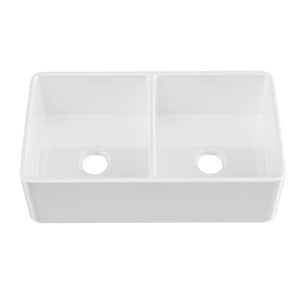 33 in. Drop-In Double Bowl White Fireclay Kitchen Sink with Bottom Grids for Farmhouse, Kitchen