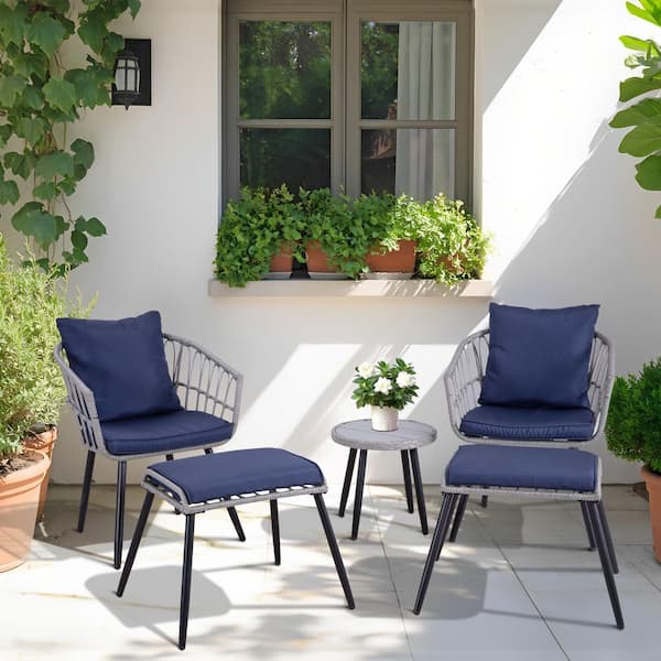 JUSKYS 5-Piece Upgrade Gray Wicker Outdoor Furniture Set with Ottomans and PS wood Table for Porch, Apt