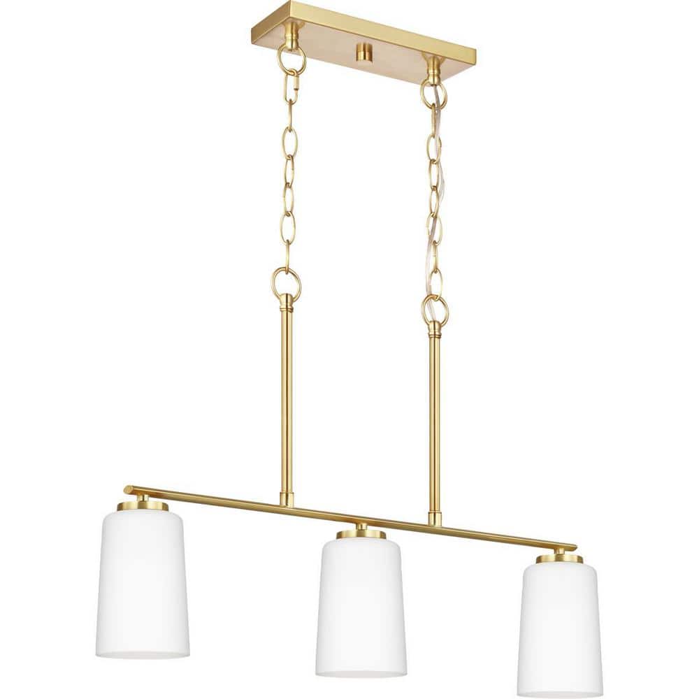 Adley Satin Brass Linear Chandelier with Etched White Glass Shades
