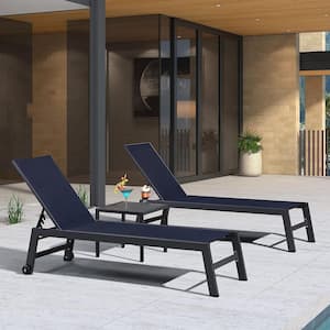 Textilene 3-Pieces Outdoor Pool Lounge Chairs with Side Table and Wheels, Navy Blue