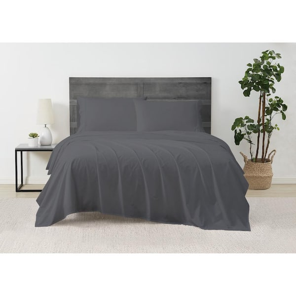 Solid Percale 4-Piece Grey Cotton King Sheet Set
