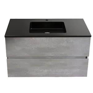 35.4 in. W x 18.9 in. D x 20.7 in. H Single Sink Wall Mounted Bath Vanity in Cement Grey with Black Quartz sand Top