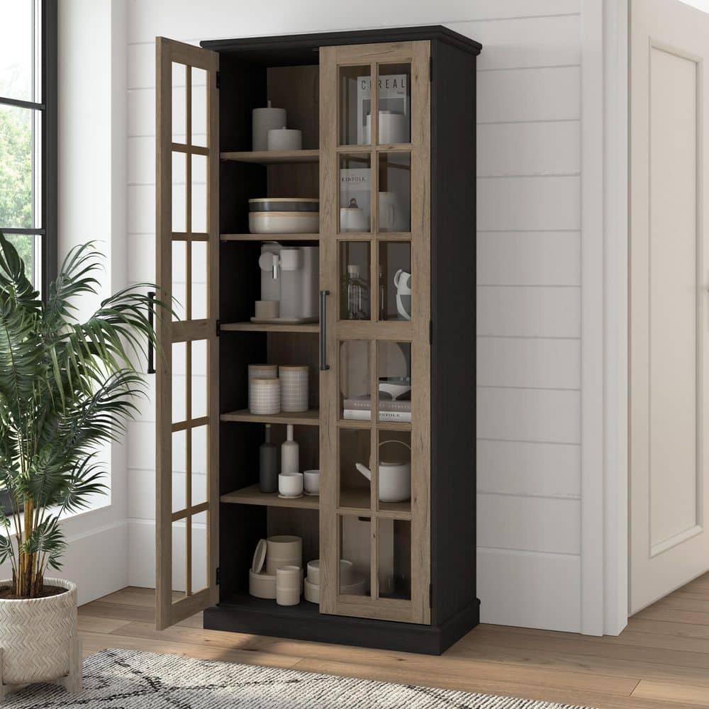 Tall Vintage Black and Tan Hickory Curio Cabinet with Glass Doors