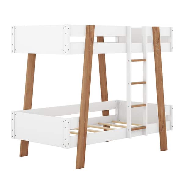 Polibi Wood Twin Size Bunk Bed with Built-in Ladder and 4-Wood Color Columns, White