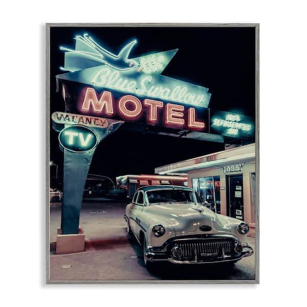 Stupell Industries Vintage Motel Getaway Car by Graffi*tee Studios Gray Framed Typography Giclee Art Print 20 in. x 16 in.