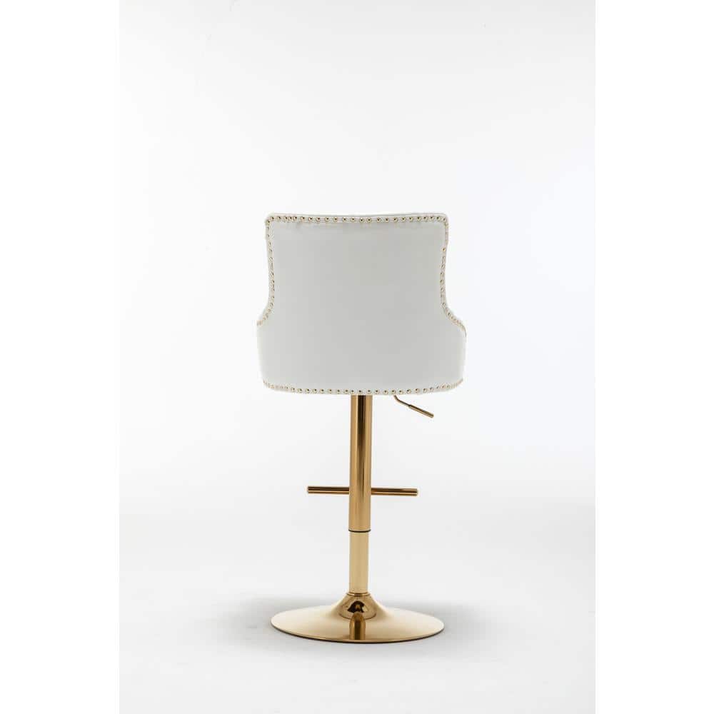 White Tufted Leather Adjustable Swivel Bar Stool with Gold Base