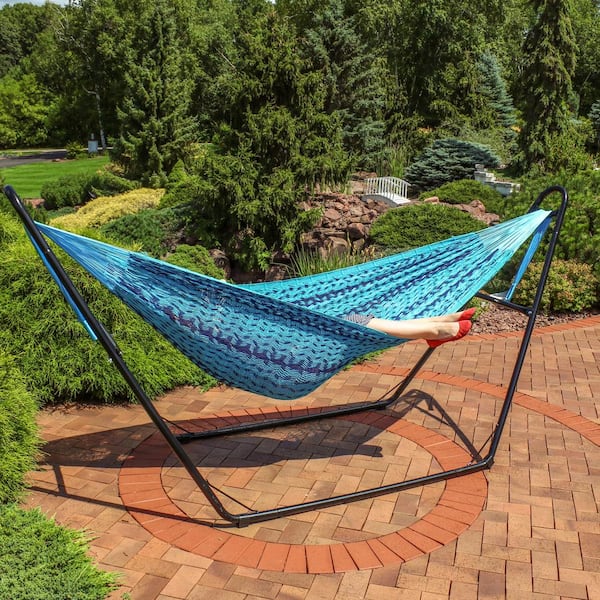 Sunnydaze Mayan Family 13 ft. 880 lbs. Capacity XXL Thick Cord Hand Woven Hammock Bed in Blue HM24BLU The Home Depot