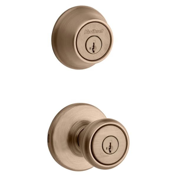 Kwikset Tylo Antique Brass Entry Door Knob and Single Cylinder Deadbolt Combo Pack Featuring SmartKey Security
