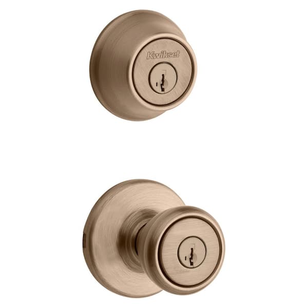 Kwikset 695 Tylo Antique Brass Keyed Entry Knob and Double Cylinder Deadbolt Combo Pack Featuring SmartKey Security