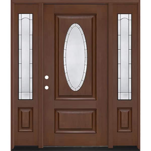Regency 64 in. x 80 in. 3/4L Oval Empire Glass RHIS Chstnt Mahogany Fiberglass Prehung Front Door w/12in-Full SLs 4-9/16