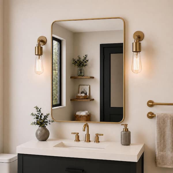 30 in. W x 36 in. H Rectangular Framed Wall Bathroom Vanity Mirror in Gold