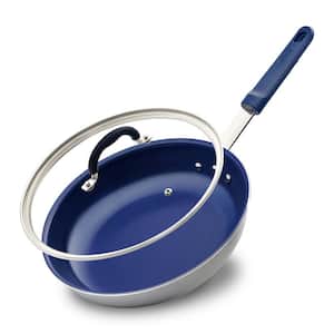 8 in. Ceramic Non-stick Small Frying Pan in Blue with Lid