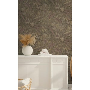 Ochre Bold Leaves and Protea Flowers Tropical-Shelf Liner Non-Woven Non-Pasted Wallpaper (57 sq. ft.) Double Roll