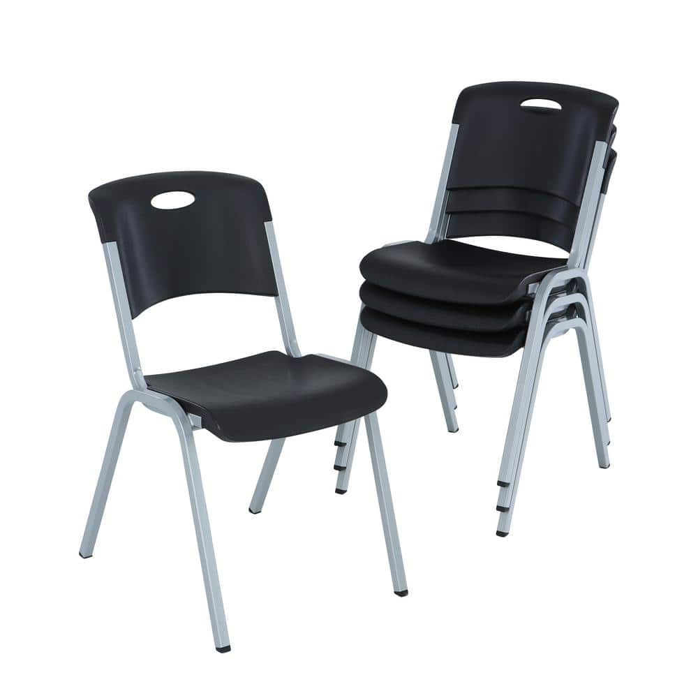 Modern Black and Silver Metal Plastic Utility Chairs, 4 Pack