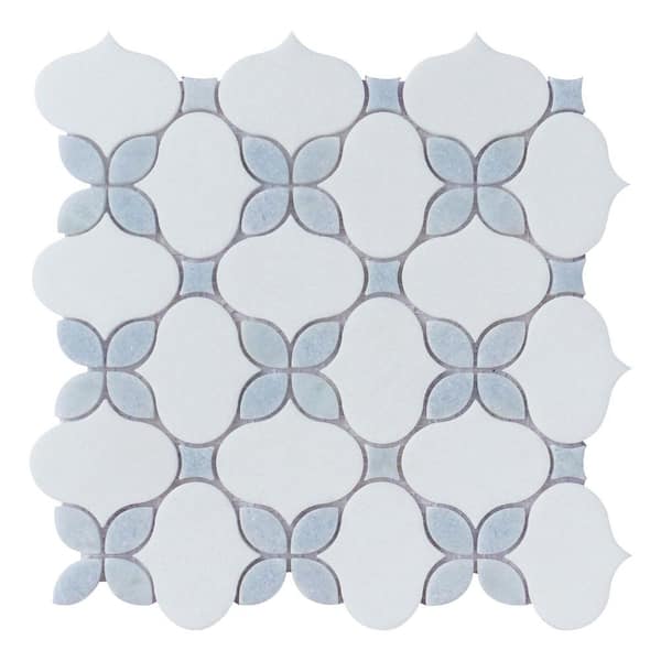 Clover Bloom White and Blue 11.82 in. x 11.82 in. Floral Polished Marble Mosaic Wall and Floor Tile (9.7 sq. ft./Case)