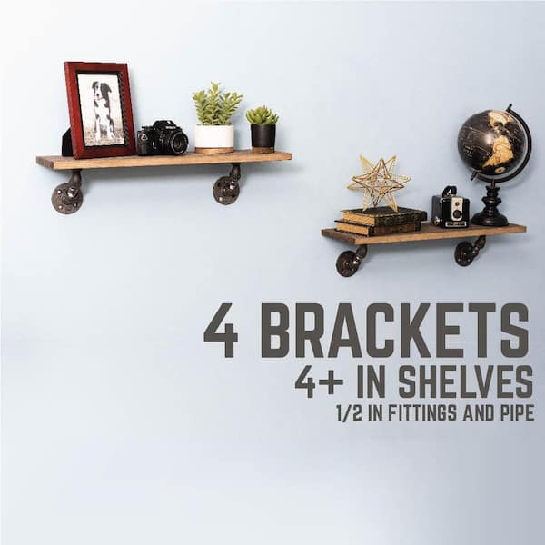 1/2 in. Black Pipe 3.75 in. W x 3.75 in. H Wall Mounted Double Flange Angled Shelf Bracket Kit (4-Pack) 1/2 in. Black Pipe 3.75 in. W x 3.75 in. H Wall Mounted Double Flange Angled Shelf Bracket Kit (4-Pack)