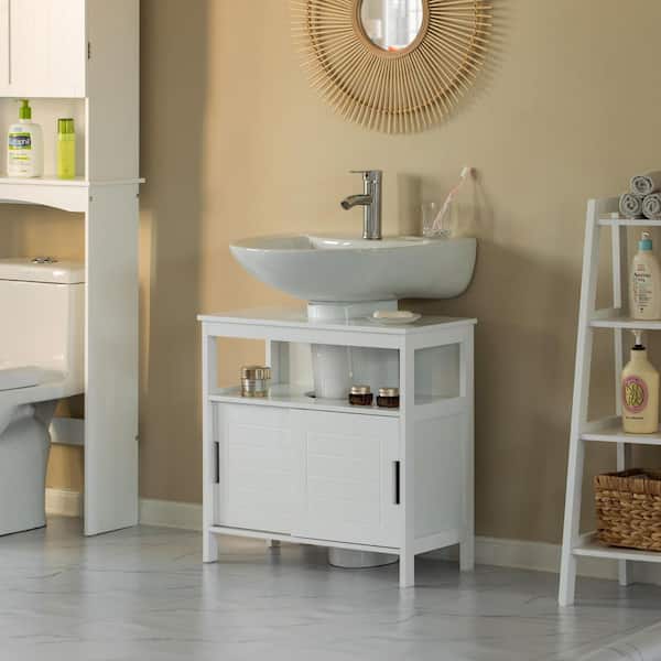 Basicwise White Vanity Sink Base 2 Door Cabinet Storage U Shape Organizer, Rolling Doors, and Open Shelf