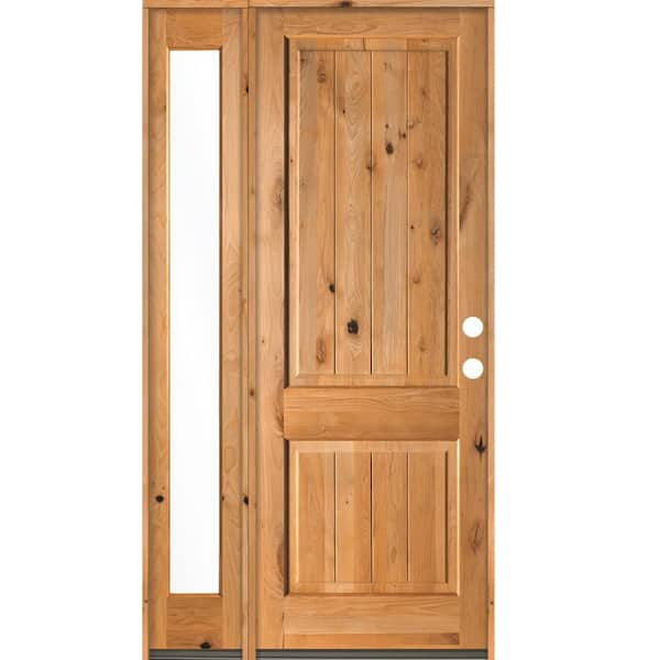 Krosswood Doors 56 in. x 96 in. Rustic Knotty Alder 2 Panel Left-Hand/Inswing Clear Glass Clear Stain Wood Prehung Front Door w/Sidelite